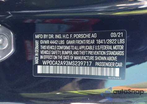 2021 Porsche 911 Carrera 4 /Carrera z USA, uszkodzony, nr VIN WP0CA2A93MS239717